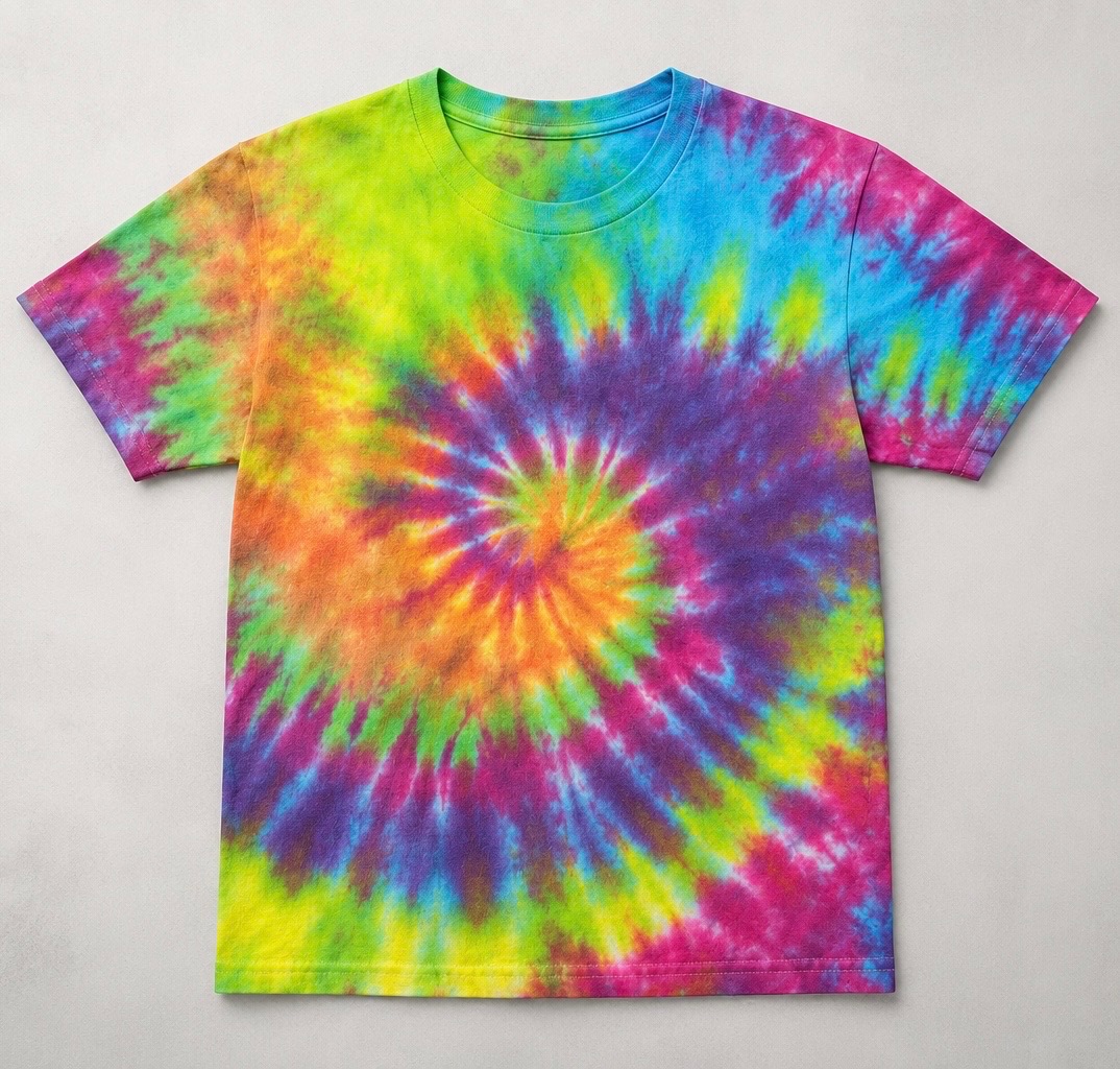 Bright tie-dye shirts showing spiral, crumple, stripe, and bullseye techniques